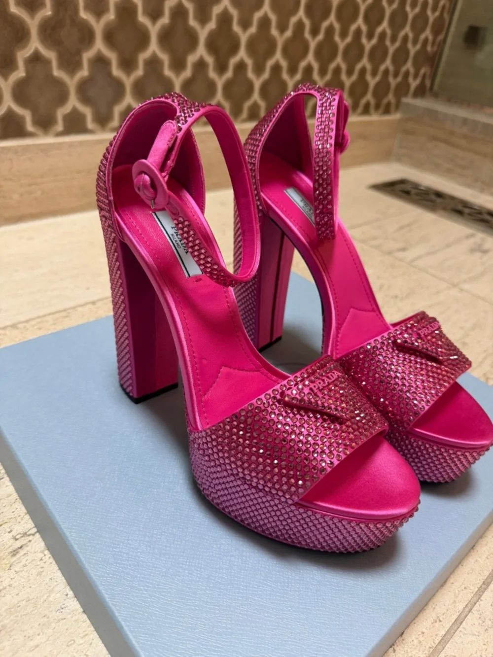 NWT!! PRADA Hot Pink Crystal-Embellished 135mm Platform Sandals